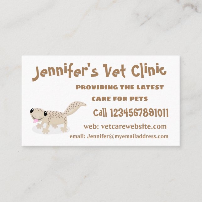 Cute spotted tan gecko cartoon illustration business card (Front)