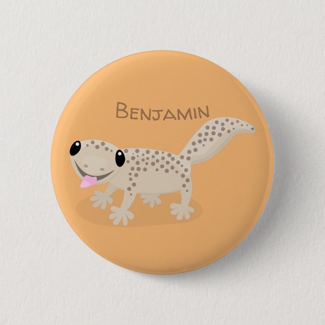 Cute spotted tan gecko cartoon illustration button (Front)