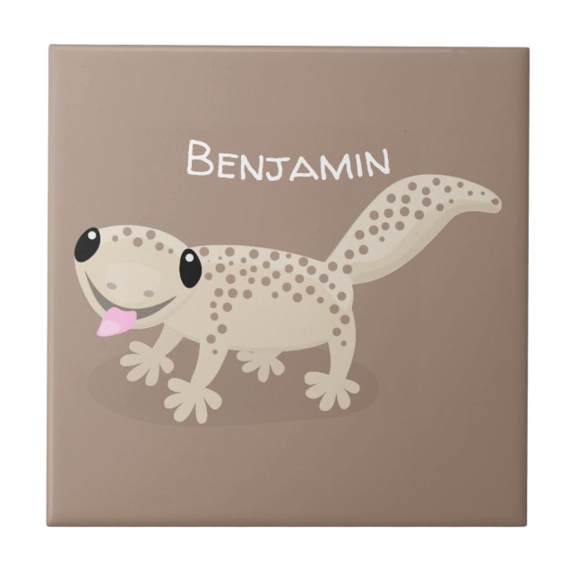 Cute spotted tan gecko cartoon illustration ceramic tile (Front)