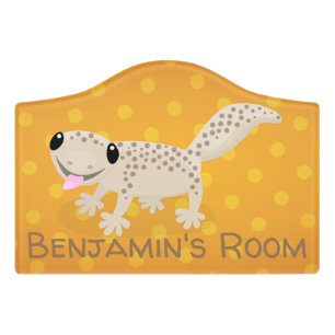 Cute spotted tan gecko cartoon illustration door sign