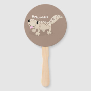 Cute spotted tan gecko cartoon illustration hand fan