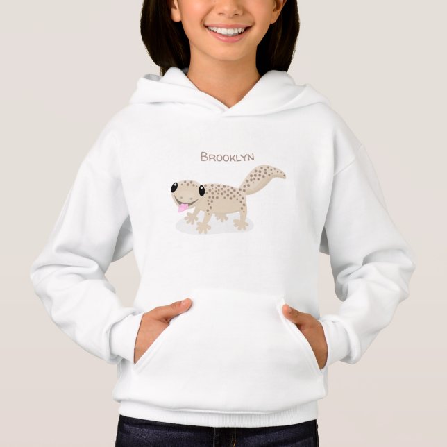 Cute spotted tan gecko cartoon illustration hoodie (Front)