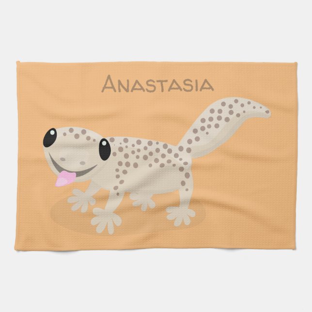 Cute spotted tan gecko cartoon illustration kitchen towel (Horizontal)