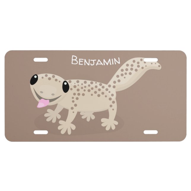 Cute spotted tan gecko cartoon illustration  license plate (Front)