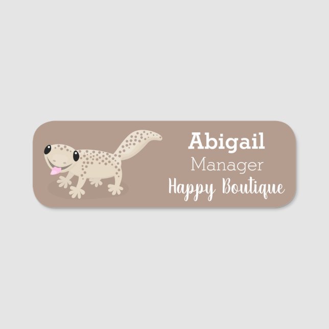 Cute spotted tan gecko cartoon illustration name tag (Front)