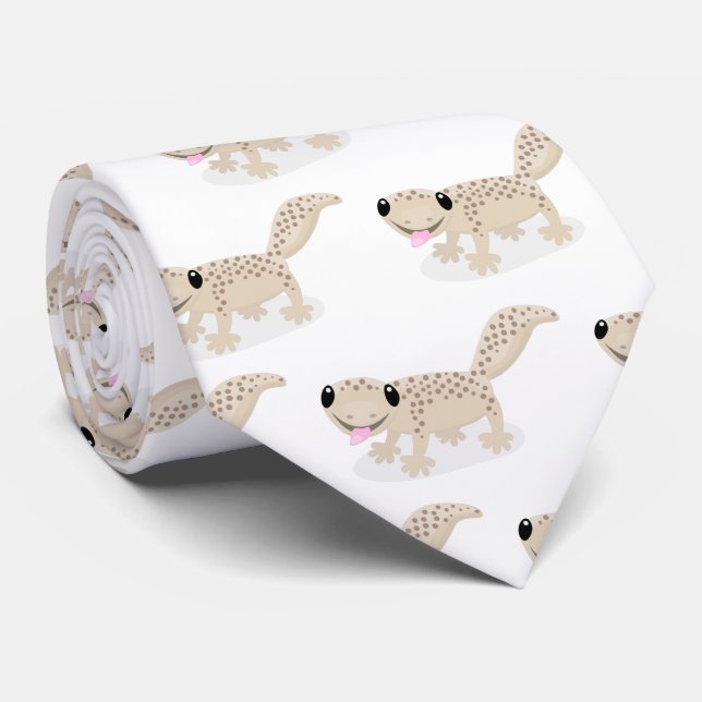 Cute spotted tan gecko cartoon illustration neck tie (Rolled)