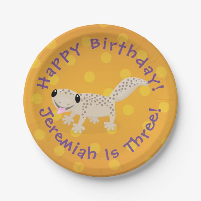 Cute spotted tan gecko cartoon illustration paper plates (Front)