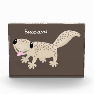 Cute spotted tan gecko cartoon illustration photo block