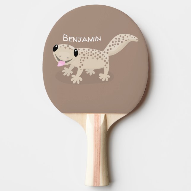 Cute spotted tan gecko cartoon illustration ping pong paddle (Front)
