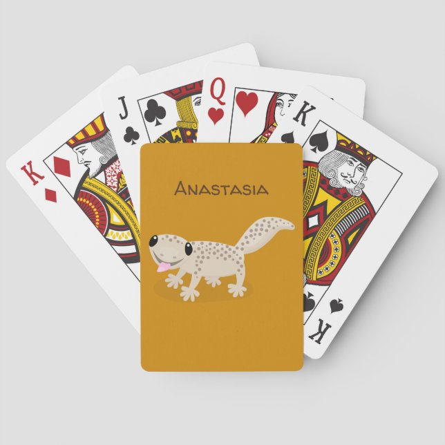 Cute spotted tan gecko cartoon illustration poker cards (Back)
