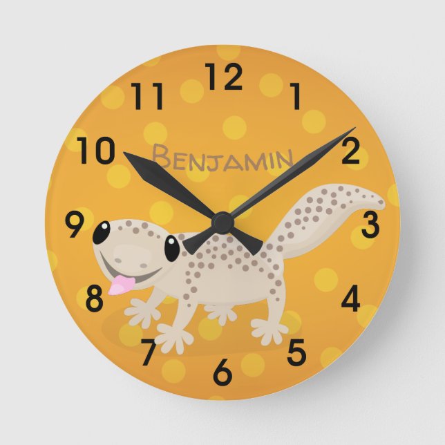 Cute spotted tan gecko cartoon illustration round  clock (Front)