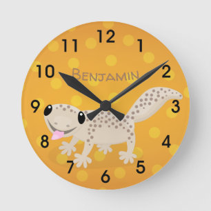 Cute spotted tan gecko cartoon illustration round round clock