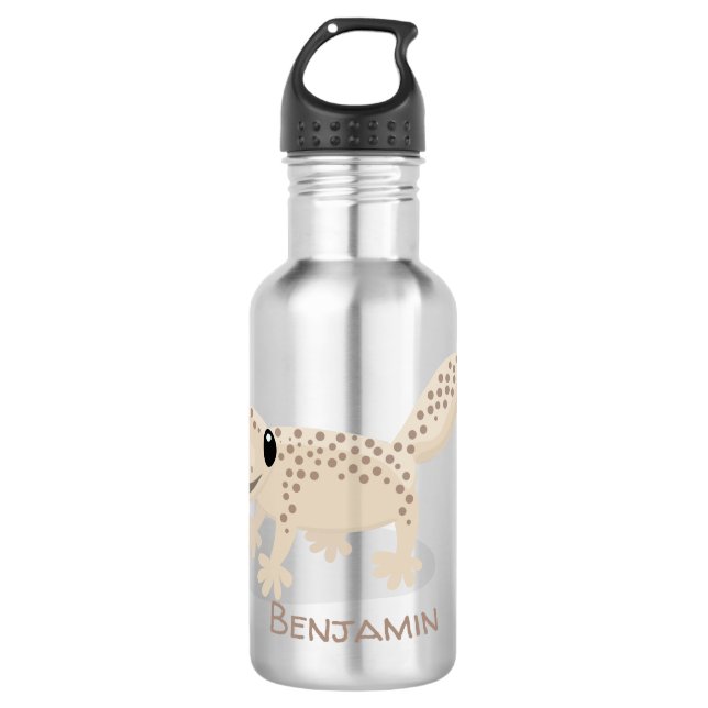 Cute spotted tan gecko cartoon illustration stainless steel water bottle (Front)