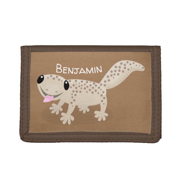 Cute spotted tan gecko cartoon illustration trifold wallet (Front)