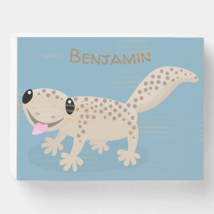 Cute spotted tan gecko cartoon illustration wooden box sign