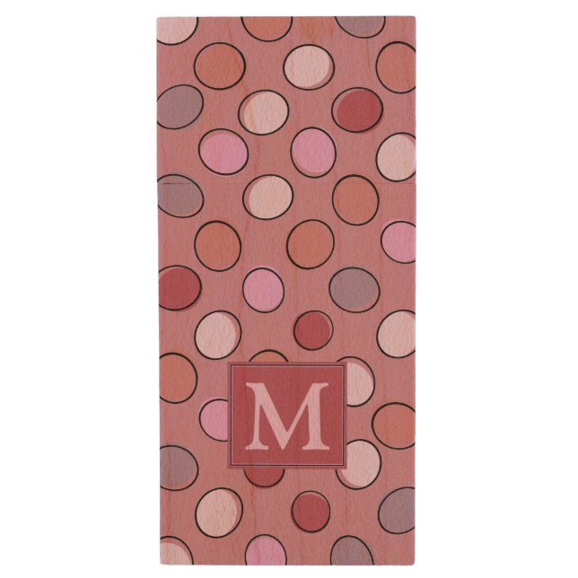 Cute Spotty Pattern Pink Monogram Wood Flash Drive (Front Vertical)