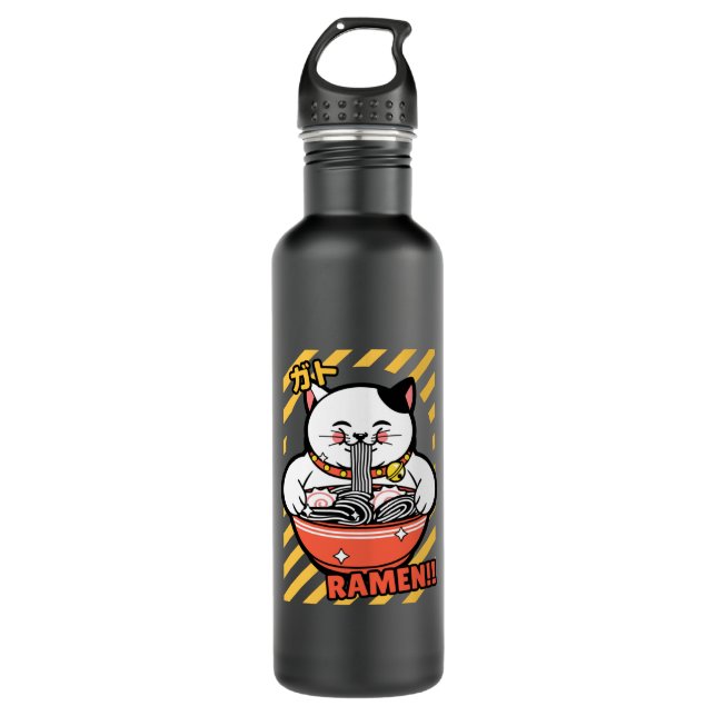 Cute Spread Love Lucky Cat from Japan Eating Ramen Stainless Steel Water Bottle (Front)