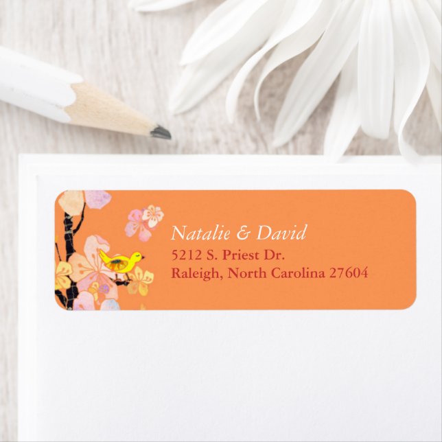 Cute Spring Bird Orange Wedding Return Address Label (Insitu)