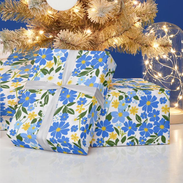 Cute Spring Blue and Yellow Flowers Pattern Wrapping Paper (Holidays)