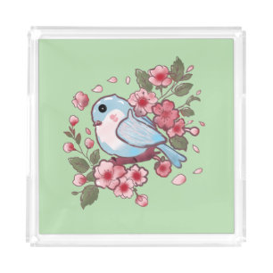 Cute Spring Bluebird & Cherry Blossom Watercolor A Acrylic Tray