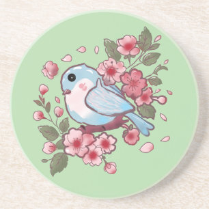 Cute Spring Bluebird & Cherry Blossom Watercolor A Coaster