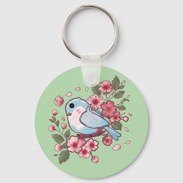 Cute Spring Bluebird & Cherry Blossom Watercolor A Keychain (Front)