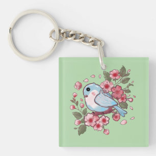 Cute Spring Bluebird & Cherry Blossom Watercolor A Keychain