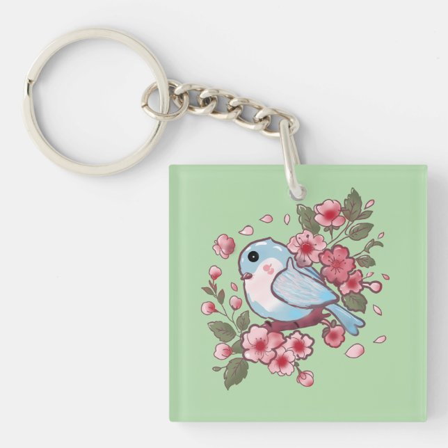 Cute Spring Bluebird & Cherry Blossom Watercolor A Keychain (Front)