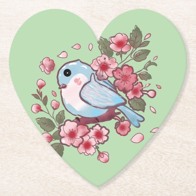 Cute Spring Bluebird & Cherry Blossom Watercolor A Paper Coaster (Front)