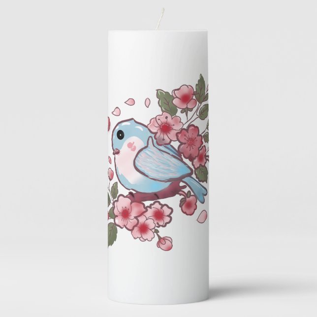 Cute Spring Bluebird & Cherry Blossom Watercolor A Pillar Candle (Front)