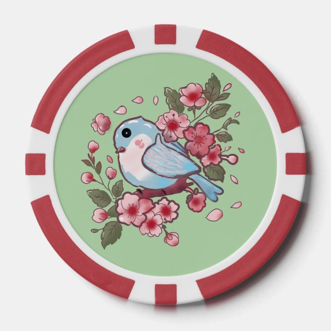 Cute Spring Bluebird & Cherry Blossom Watercolor A Poker Chips (Front)