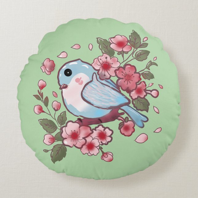 Cute Spring Bluebird & Cherry Blossom Watercolor A Round Pillow (Front)