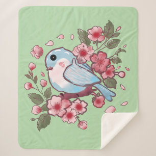 Cute Spring Bluebird & Cherry Blossom Watercolor A Sherpa Blanket