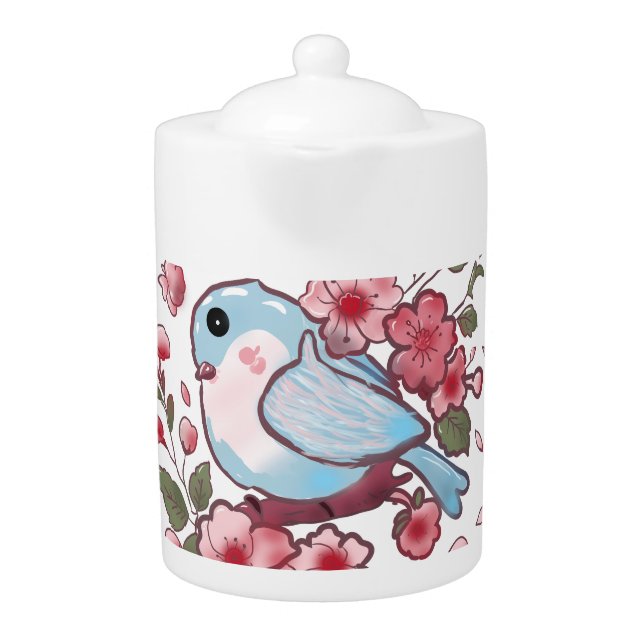 Cute Spring Bluebird & Cherry Blossom Watercolor A Teapot (Front)