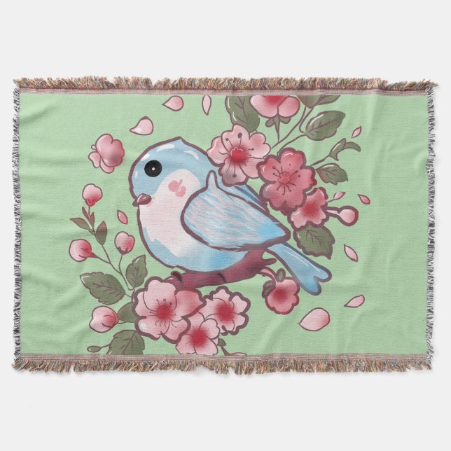 Cute Spring Bluebird & Cherry Blossom Watercolor A Throw Blanket (Front)