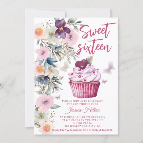 Cute Spring  boho floral cupcake sweet 16 Invitation