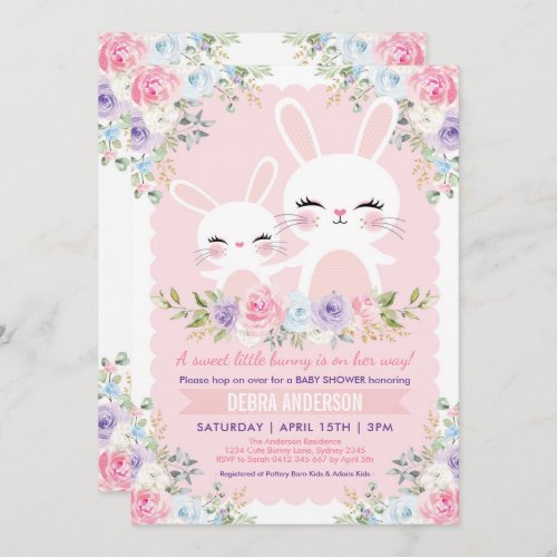 Cute Spring Bunny Baby Shower Watercolor Floral Invitation