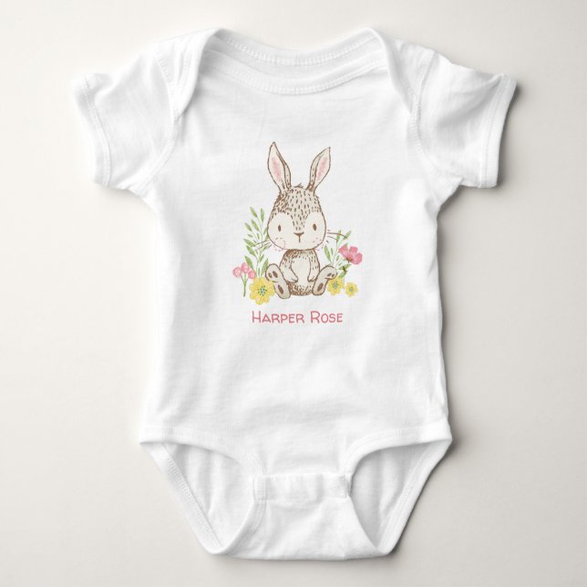 Cute Spring Bunny Personalized Baby Bodysuit (Front)
