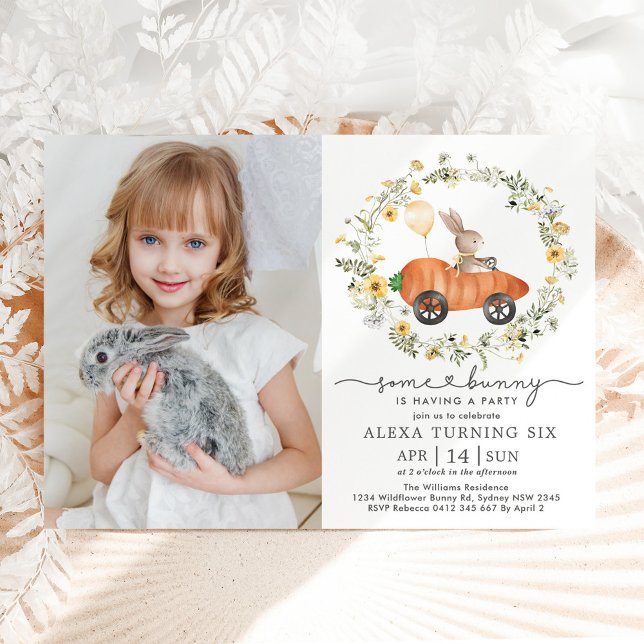 Cute Spring Bunny Rabbit Wildflower Birthday Photo Invitation (Creator Uploaded)
