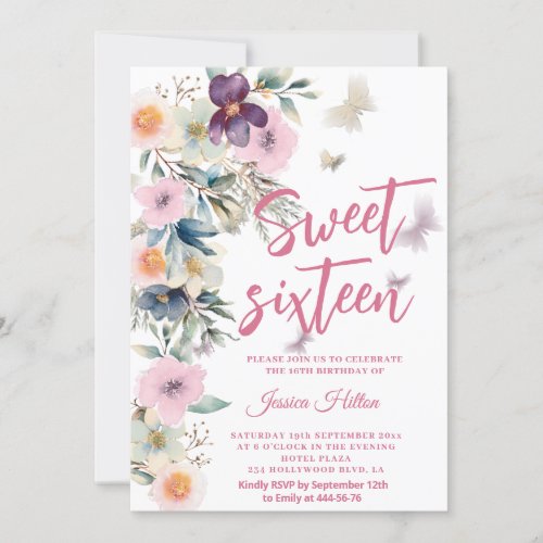 Cute Spring Butterfly boho floral sweet 16 Invitation