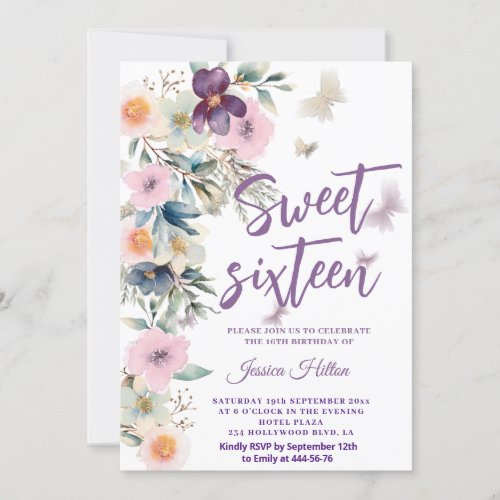 Cute Spring Butterfly boho floral sweet 16 Invitation