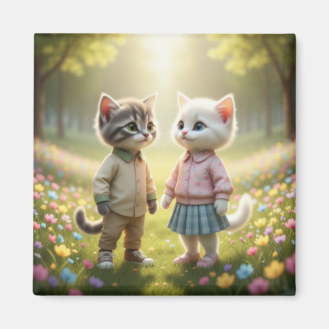 Cute Spring Cat Magnet | Tom & Luna Flower Meadow  (Front)