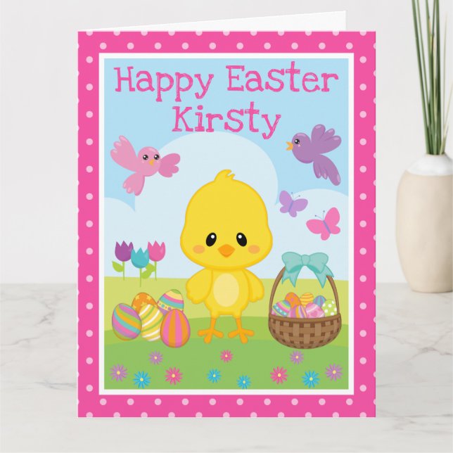 Cute Spring Chick and Chocolate Eggs Easter Card (Front)