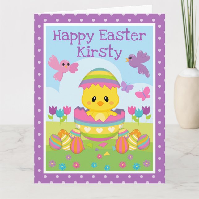 Cute Spring Chick & Chocolate Eggs Easter Card (Front)
