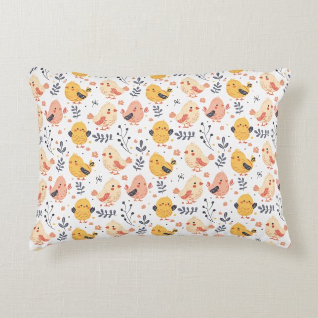 Cute Spring Chicks and Floral Pattern Accent Pillow (Front)