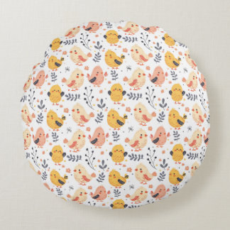 Cute Spring Chicks and Floral Pattern Round Pillow