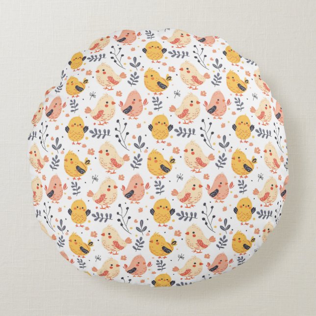 Cute Spring Chicks and Floral Pattern Round Pillow (Front)