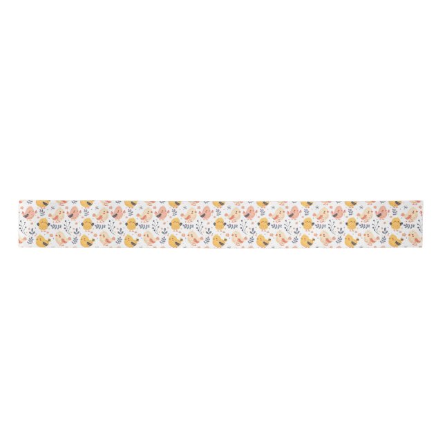 Cute Spring Chicks and Floral Pattern Satin Ribbon (Front)