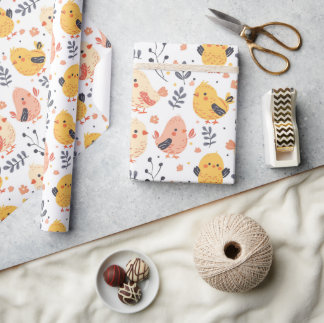 Cute Spring Chicks and Floral Pattern Wrapping Paper