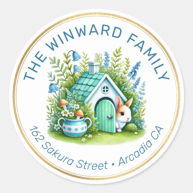 Cute Spring Cottage & Rabbit Address Classic Round Sticker (Front)